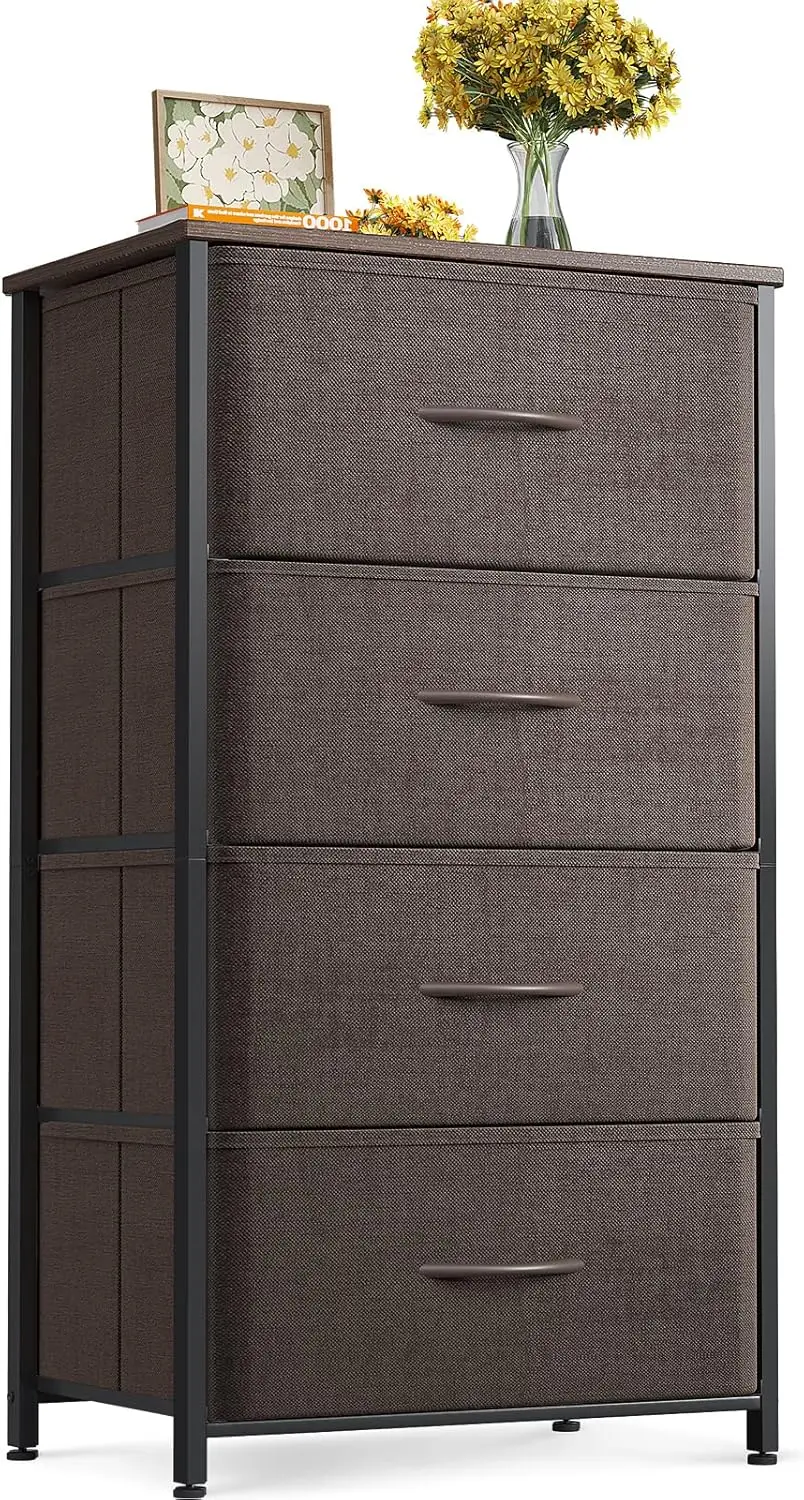 

Dresser for Bedroom with 4 Storage Drawers, Small Dresser Chest of Fabric Drawers with Sturdy Steel Frame, Wood Top, Brown