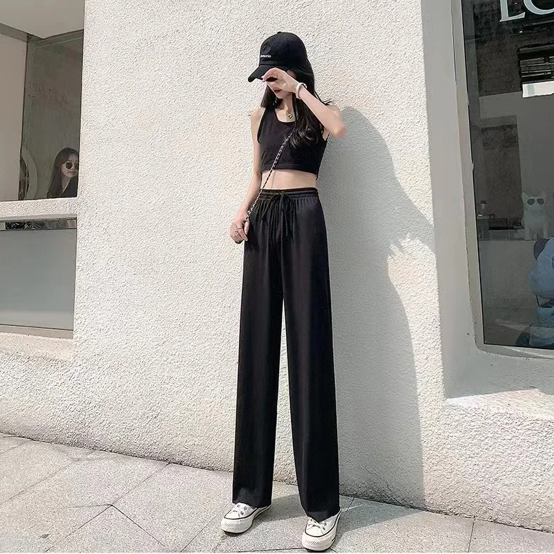 Ice Silk Wide-Leg Pants Women Cool Sweatpants Summer Thin Pleat Loose Straight Pants Office Lady Casual Drawstring Long Trousers