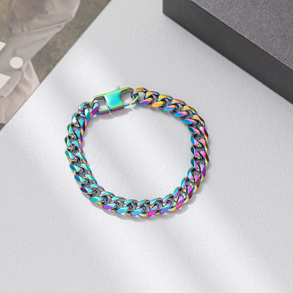 New Kpop Colorful  Cuban Chain Bracelet for Women Men Stainl ess Steel Gold Plated  Jewelry Fashion Lovers