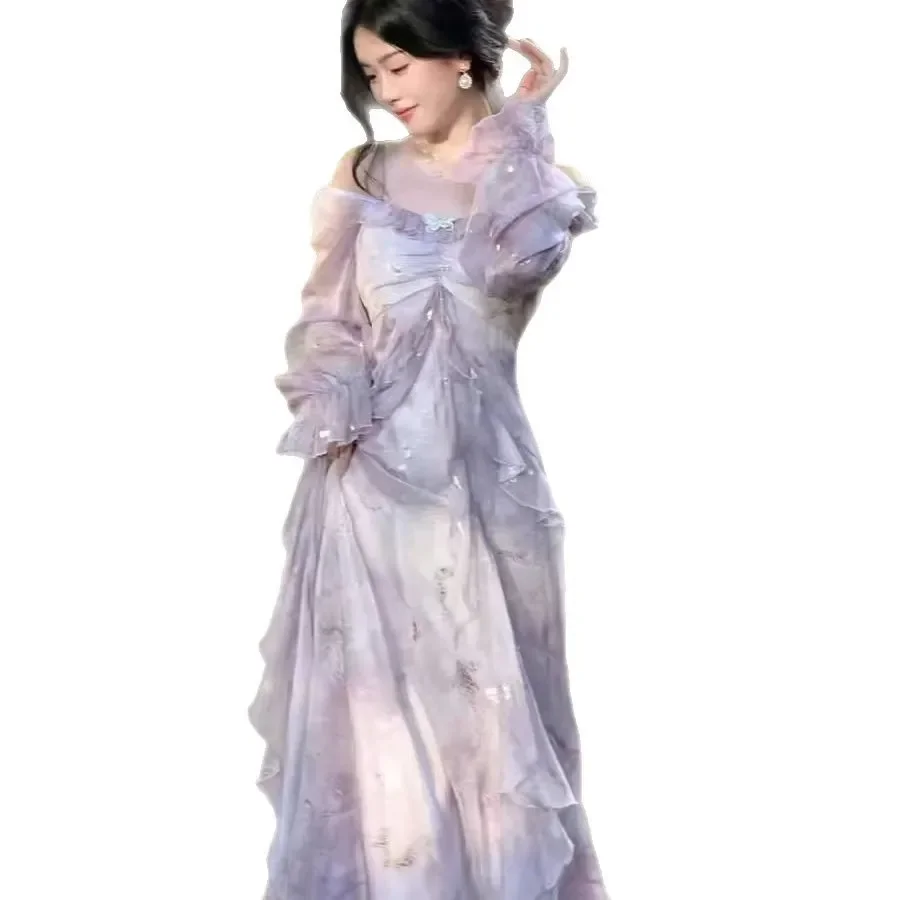 أنيقة الجنية الأرجواني التدرج فراشة الذهب تنقش فستان بكم طويل النمط الصيني خمر آخر فستان حافة ورقة فنية