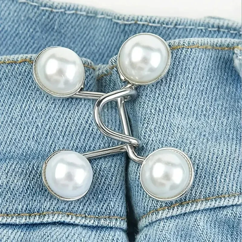 Waist Button, Studless, Removable Button Tool for Waist Adjustment, Adjustable Button for Jeans, Faux Pearl Belt Tightener