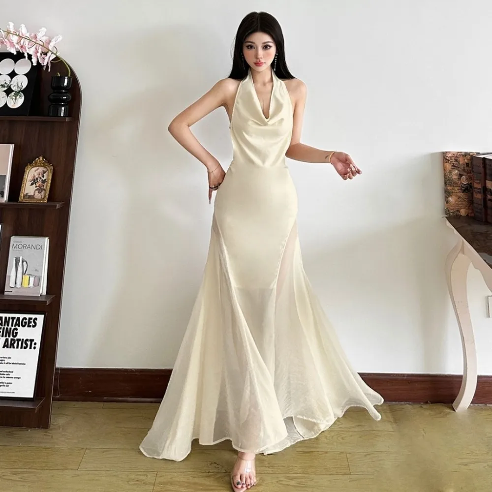 SylCue メッシュパッチワークマキシドレス女性スイング襟背中の開いたノースリーブミッドナイト宴会パーティーシャーリングエレガントなスキニー Vestidos