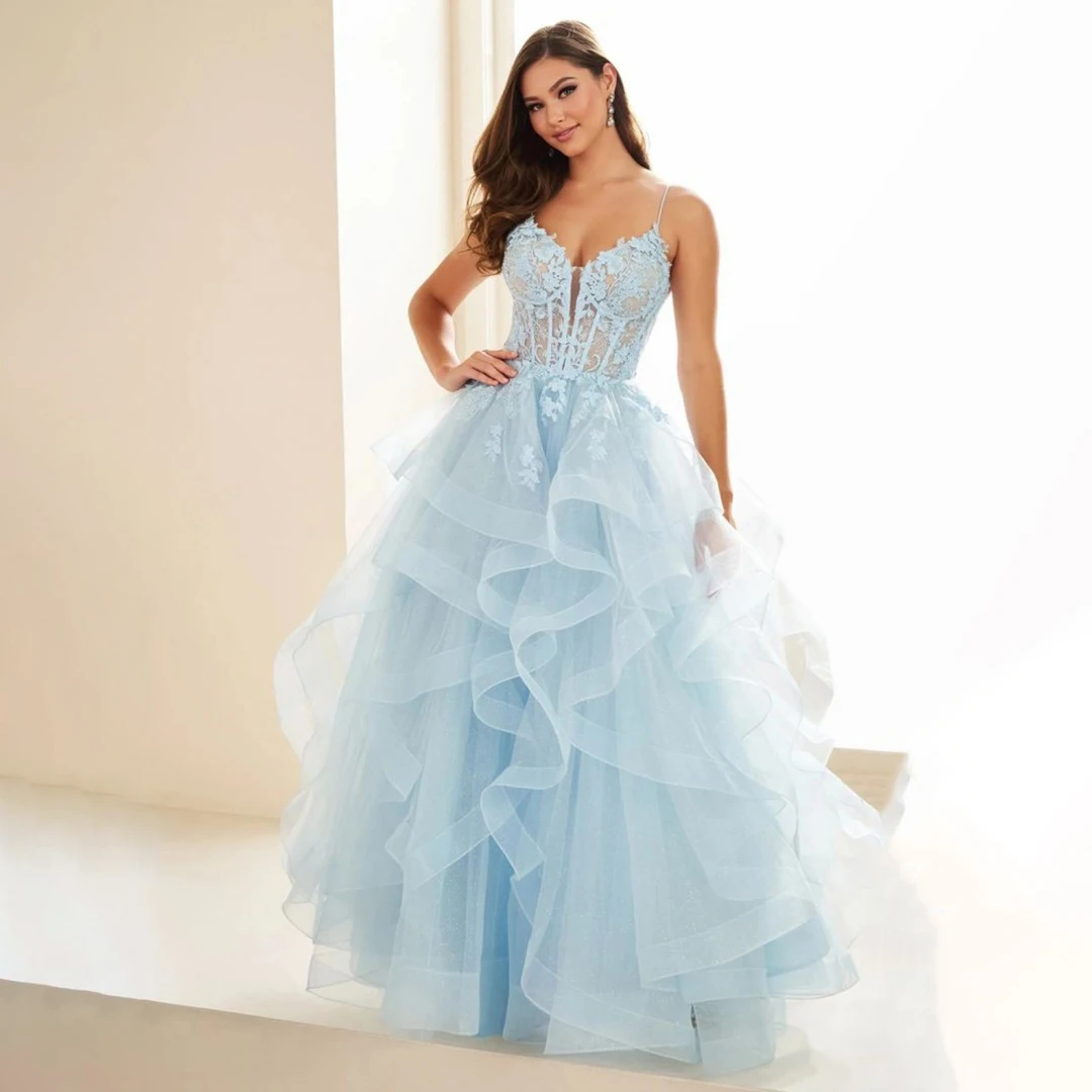 

Gorgeous Tulle Spaghetti Straps Tiered Ruffles Prom Dresses Girl's Luxury Birthday Graduation Ball Gown With Appliques Sequins