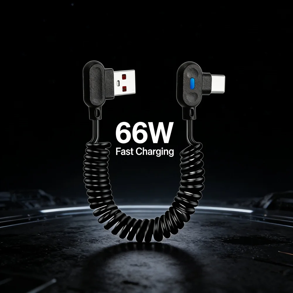 120W 6A USB To Type C Fast Charge Data Cable Retractable Type C Wire Elbow Design Spring Telescopic Cord for iPhone Samsung Cord