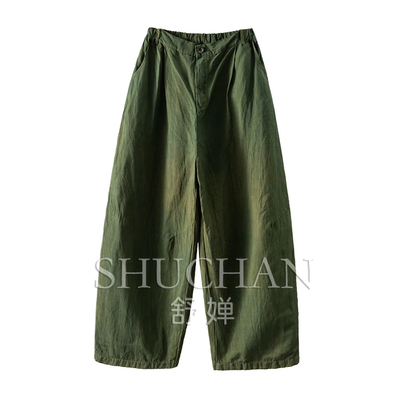 

New style bracket pants, French cotton hemp environmentally friendly fruit enzyme dyed wide-leg scimitar pants women 69A