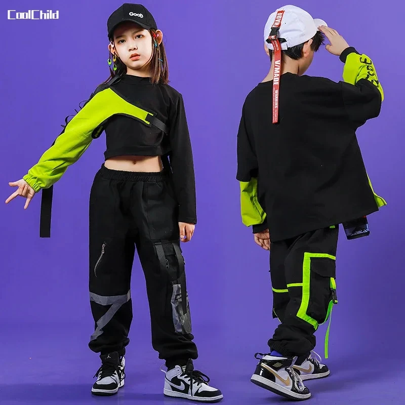 Boys Hip Hop Streetwear Girls Crop Top Cuff Cargo Pant Outfit Child Patchwork Sweatshirt Joggers Street Dance Kids Jazz Costumes