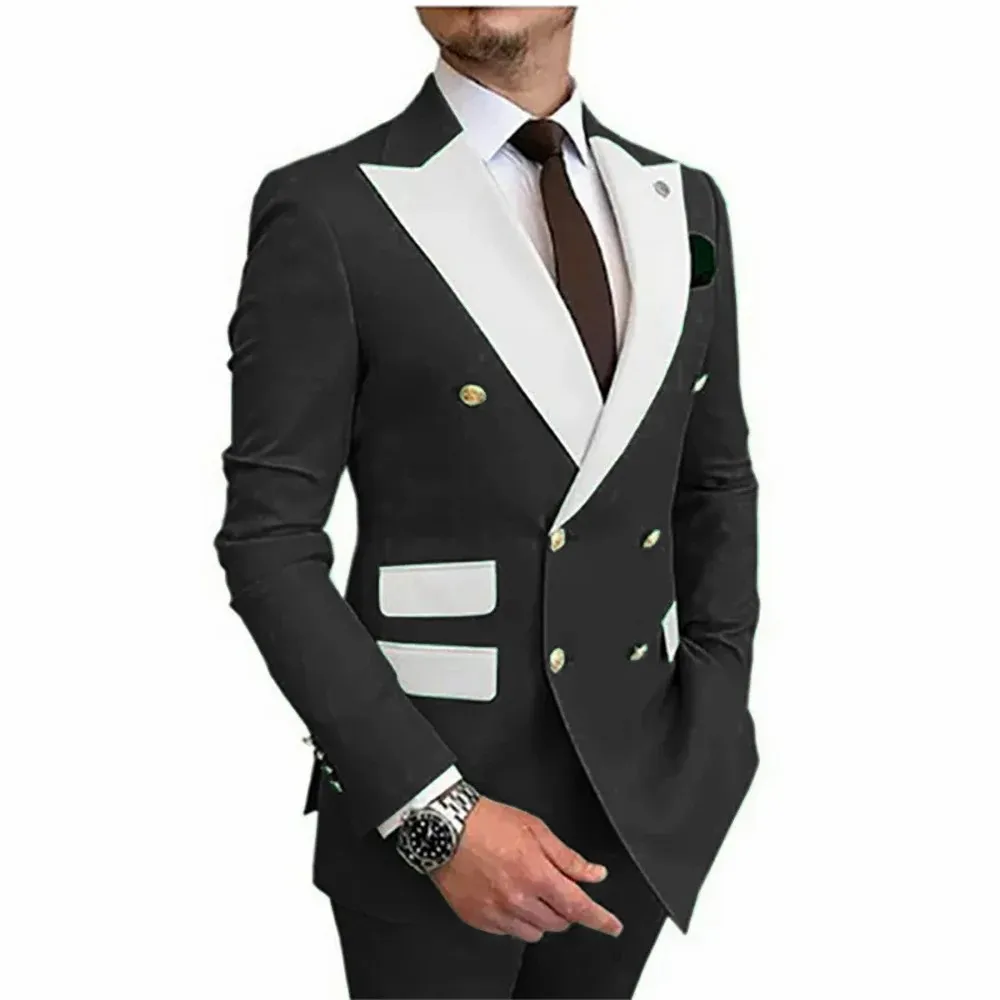 

Temperament Men's Slim Fit Double Breasted Blazer Pants Set Contrast Lapel Formal Suit for Wedding Groom Business Events.