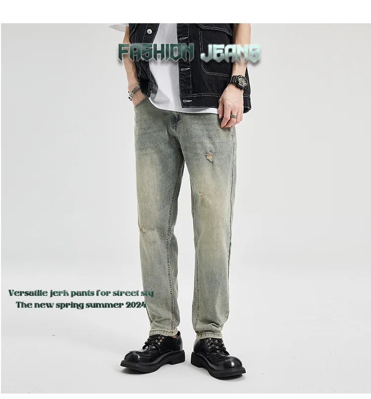 アメリカンウォッシュ加工のヴィンテージ風メンズジーンズ、フィット感があり、ややテーパード、ストレッチ入り