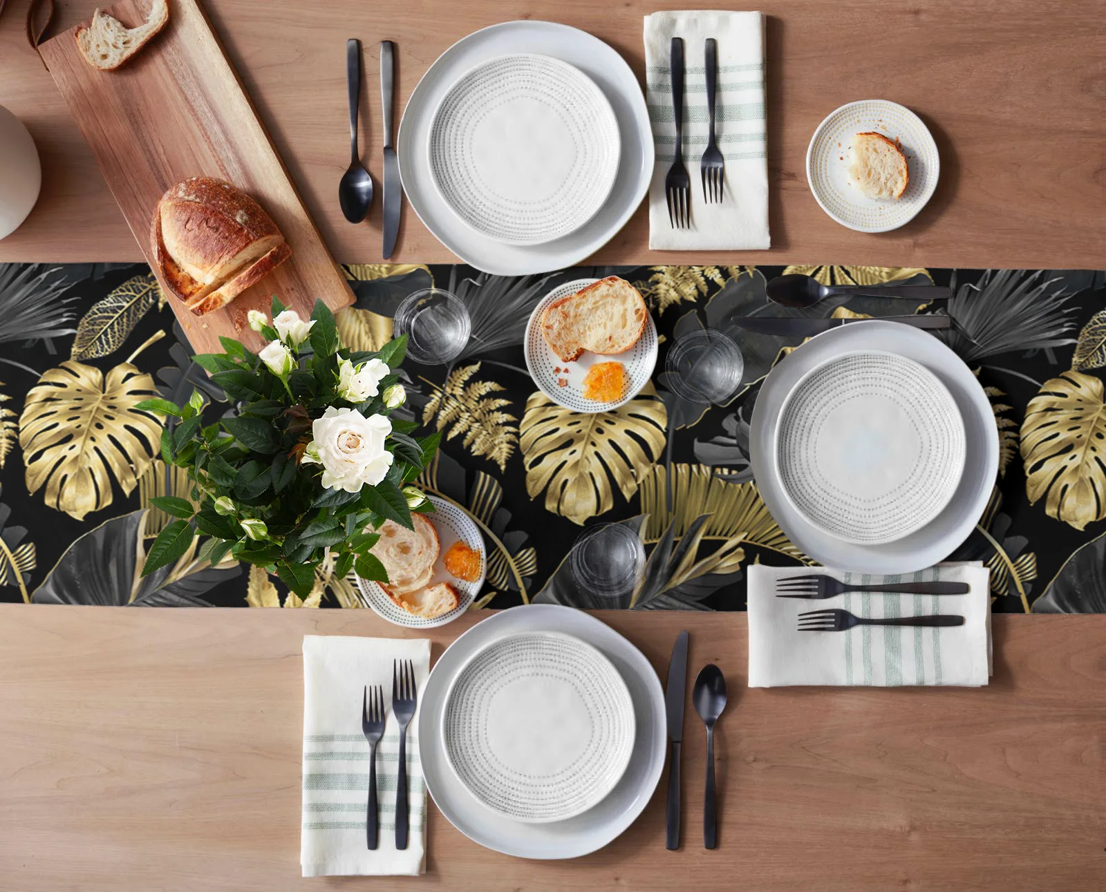 Golden Leaves Black Background Linen Table Runners Kitchen Decoration Washable Farmhouse Wedding Party Decor