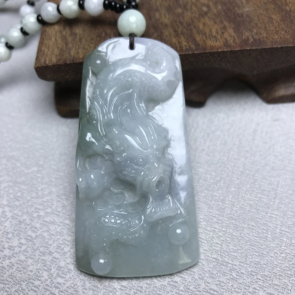 Natural Burma Jade Necklace Pendant Carved Dragon Amulet Healing Jewelry for Men Women