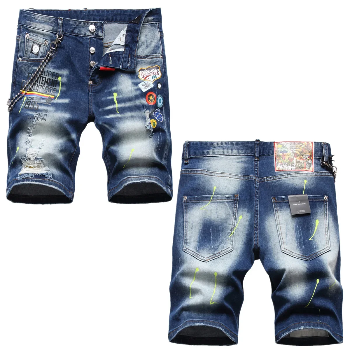 Summer new ripped stretch embroidered multi-badge football team theme five-point denim pants