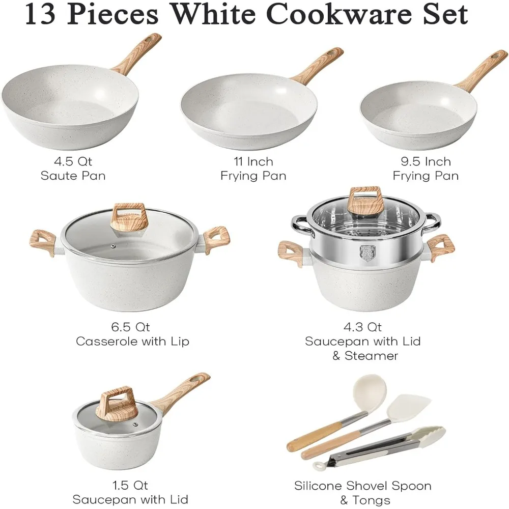 Pots and Pans Set Non Stick, 13 Pcs Kitchen Cookware Sets White Granite Nonstick Cooking Set with Frying Pans