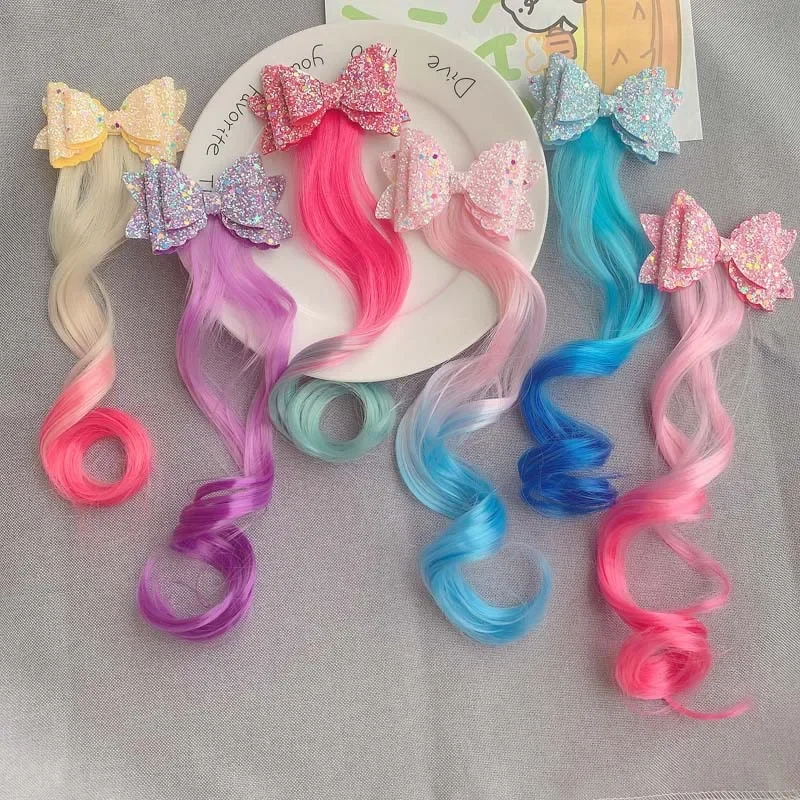 Children Girls Headwear Gradient Color Bow Hairpin Kids Hair Bands Ties Girls Colorful Wigs Bows Headbands Hair Clips Braid