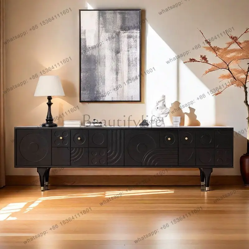 PG Nordic solid wood TV cabinet expression retro carved floor cabinet small apartment living room antique storage cabinet