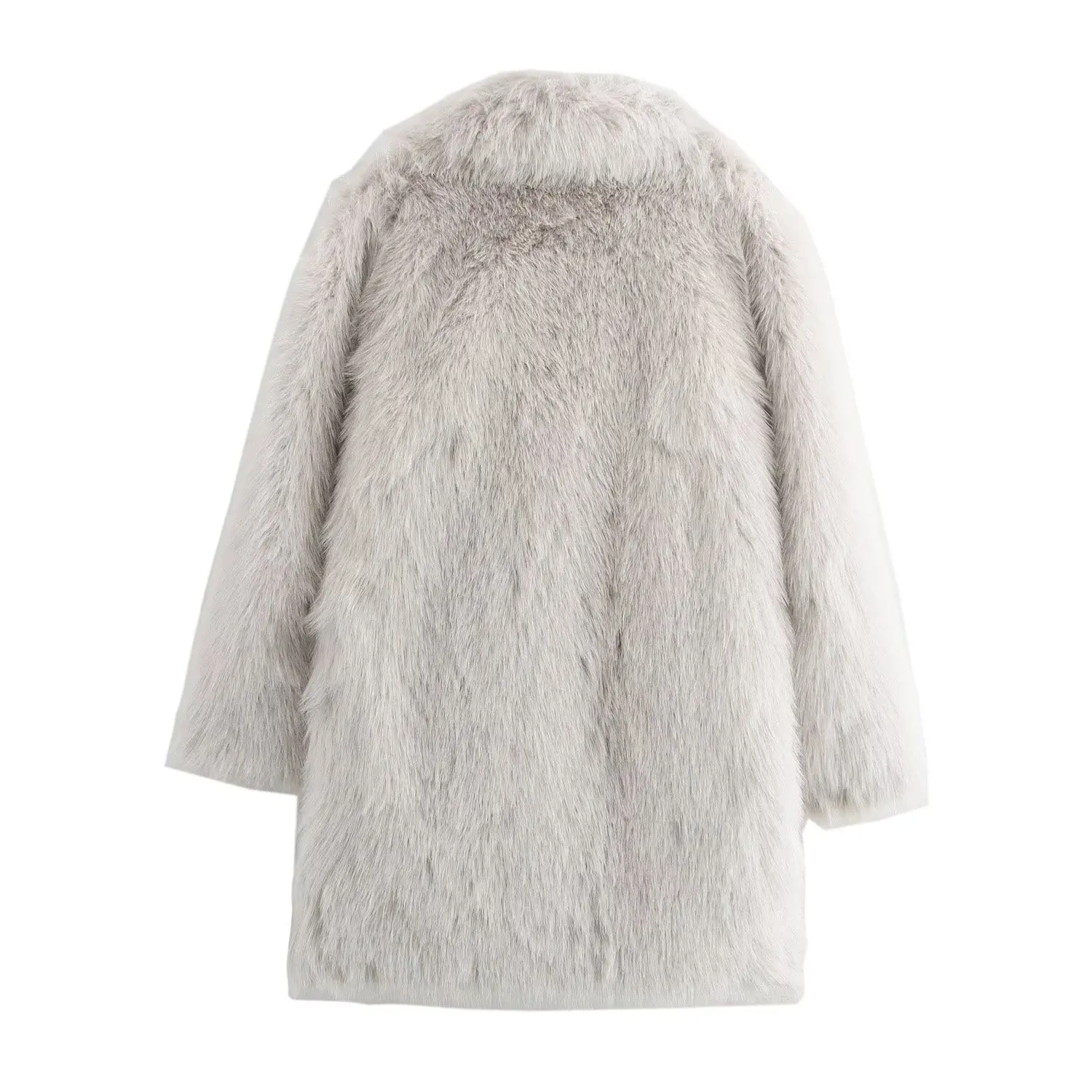 Jaket Bulu Imitasi Wanita Model Longgar, Mantel Bulu Ramah Lingkungan, Mantel Bulu Imitasi Musim Dingin Wanita Kerah Notch Kantong Panjang