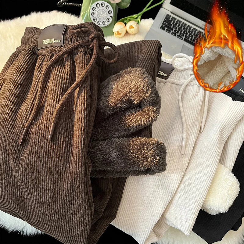Winter Corduroy Fleece Lined Pants Men Elastic Drawstring Waist Loose Straight Wide Leg Casual Trousers Daily Commute Versatile