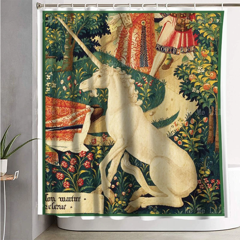 Pure White And Navy Blue The Last Unicorn Captivity Vintage Medieval Sign Noble Animal Paintings Shower Curtains By Ho Me Lili