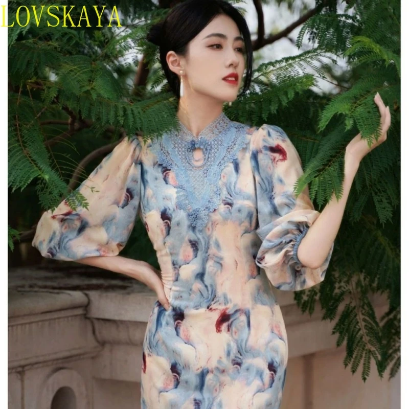 Women Chinese Style Long Cheongsam Side Slitting Hem Bodycon Dress Half Sleeve Elegant Ladies Wedding Party Daily Party Dress