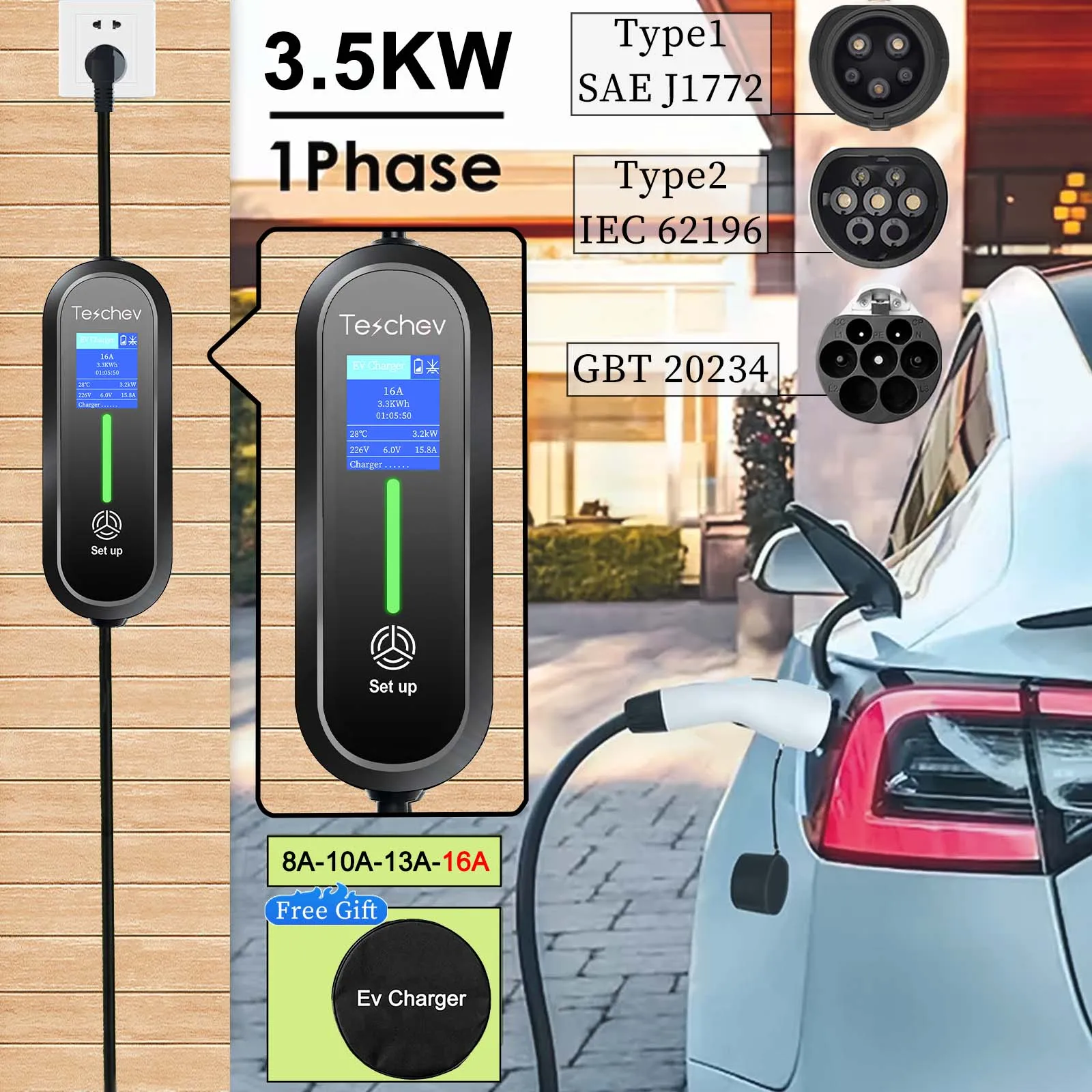 Teschev Protable EV Charger 220V 230V Level 2 GBT Car Charger 16A 3.5KW Type 1 Car Accessories Type 2 Car Charger for Electric V