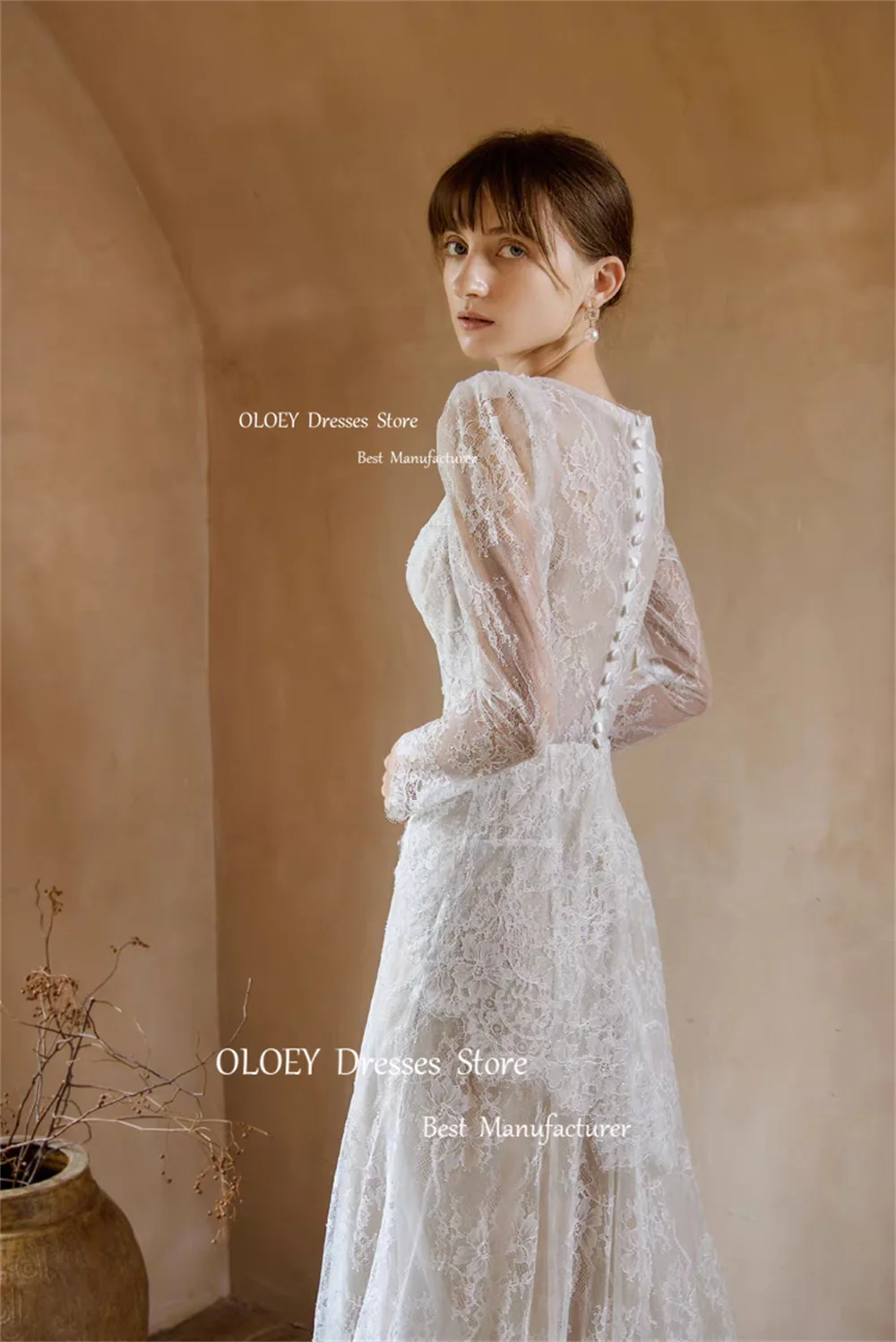 OLOEY Exquisite Lace Wedding Dresses V Neck Floor Length Bridal Gowns Robe De Marriage Zipper Back Button Custom Made