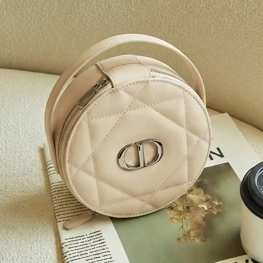 Christian Dior Dior’s Bag Luxury Apricot Round Handheld Makeup Organizer Pouch With Zipper & Built-in Mirror Portable Travel Cos - view 4