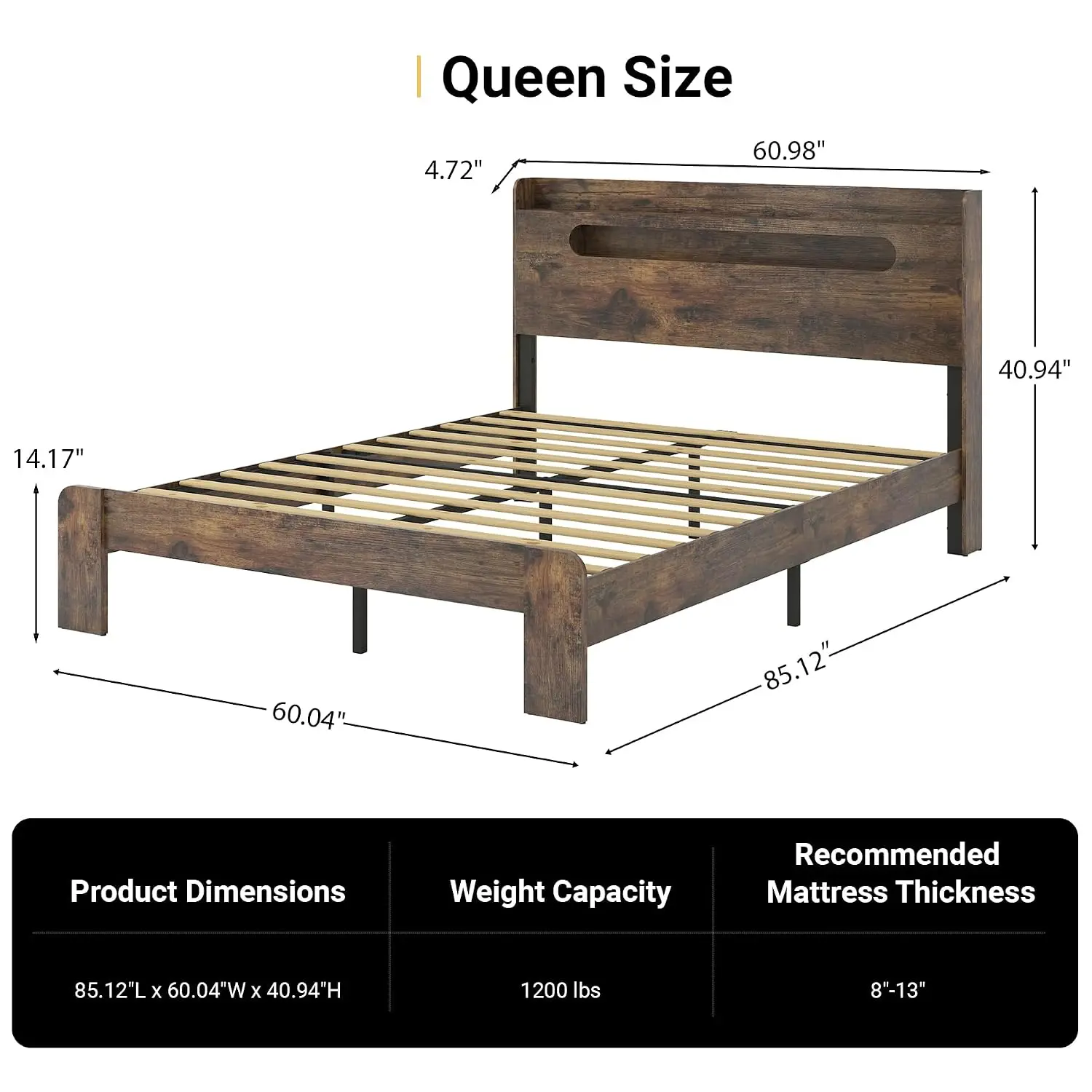 Wooden Queen Size Bed Frame with Storage Headboard, Rustic Farmhouse Platform Bed Frame Queen with Charging Station & LED Lights - view 4