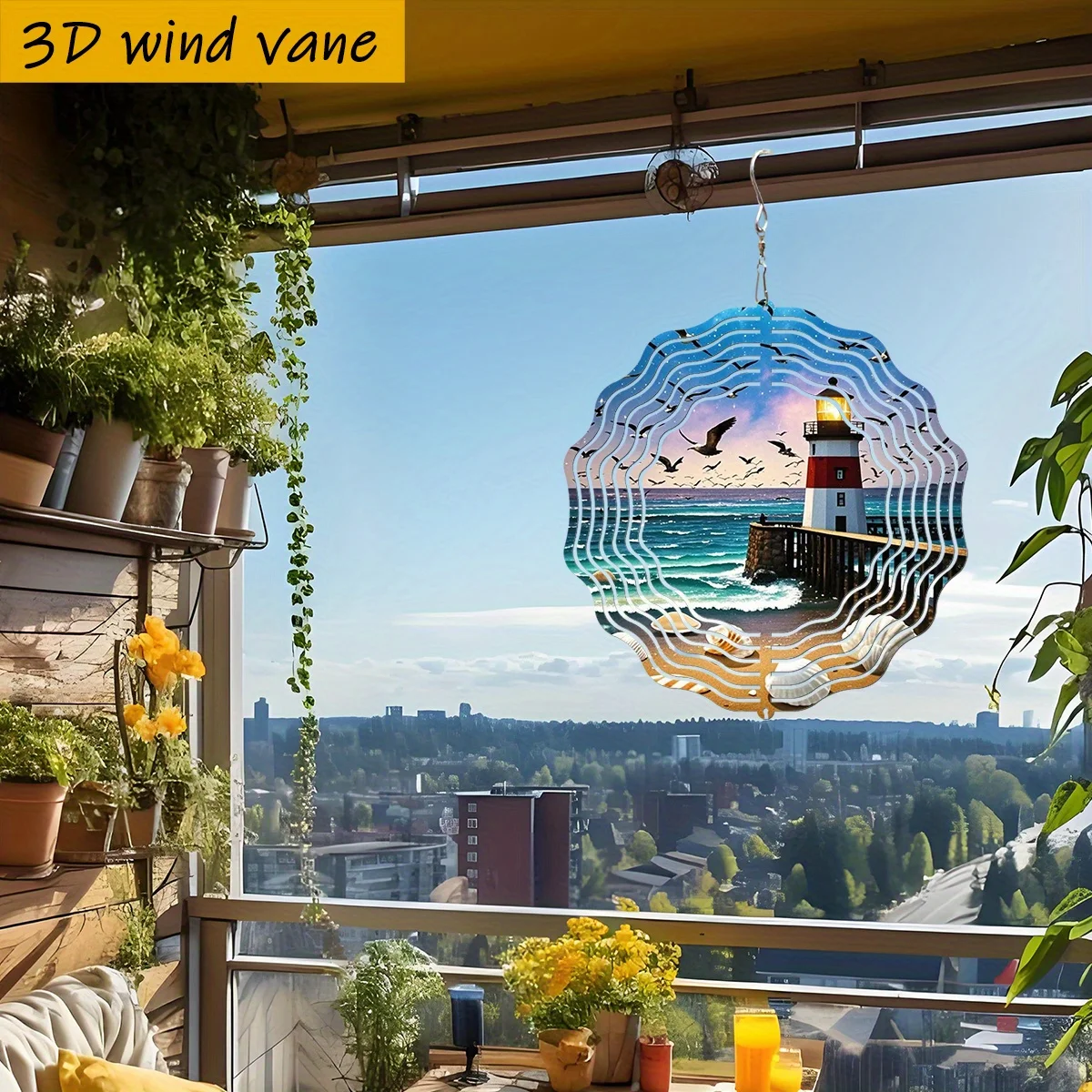 CIFBUY 360 Degree Spinning Wind Spinner Garden Decor Kaleidoscope Metal Wind Chime 3D Lighthouse Outdoor Patio Hanging Ornament