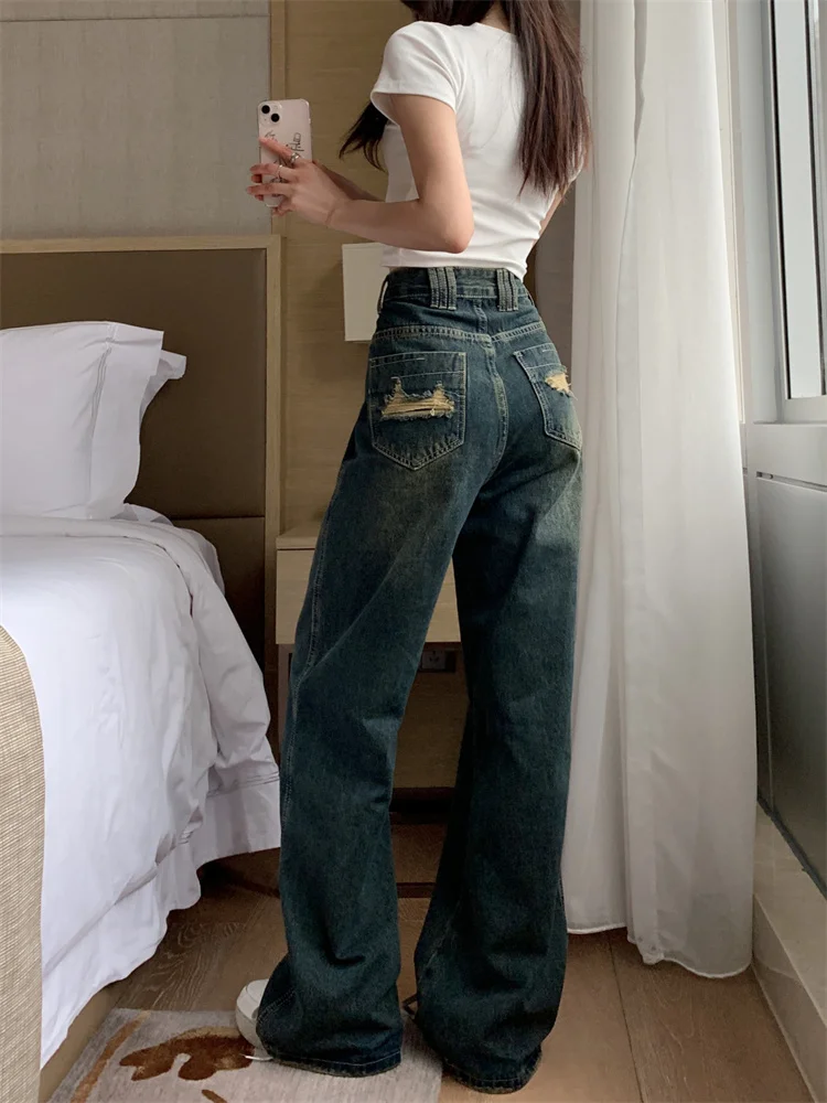 Summer New High Waist Straight Leg Jeans Women's Loose Torn Denim Pants Long Trousers Fashion Design Casual Comfortable Fit