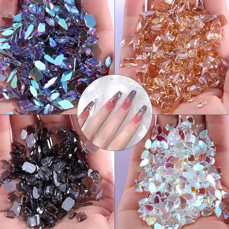 100pcs Aurora Color AB Nail Art Rhinestones Flatback Mix Shaped Twinkling Crystal Stones For 3D Hybrid Gems Nails Decorations