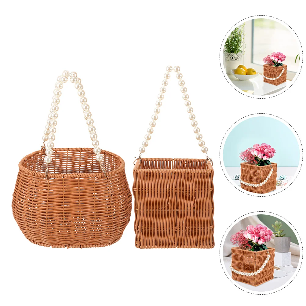 

2Pcs Imitation Rattan Woven Basket Handmade Storage Solution for Fruits Vegetables Breads Household Items Woven Basket