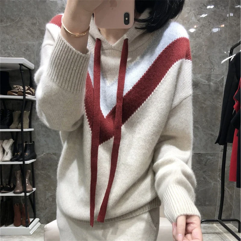 

Faionable Hooded Camere Sweatirt Women's Loose Color Blo Knitwear Casual Briti Sle Overhead Hooded Top plus Size