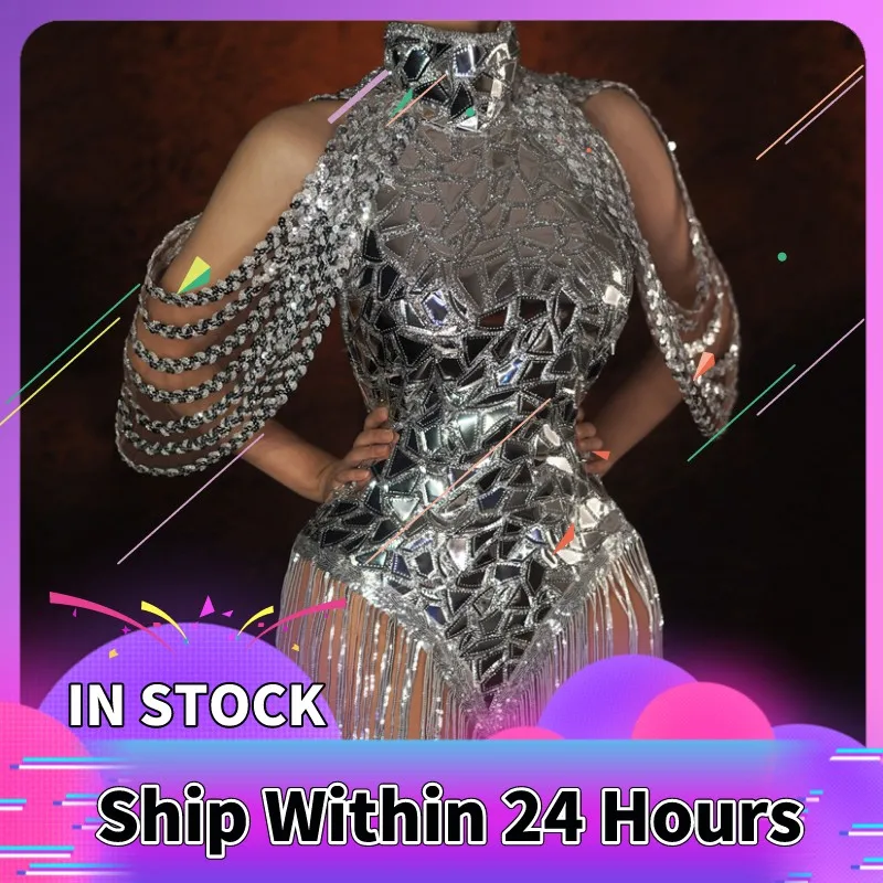 

Sparkly Silver Sequins Dress Sexy Mirrors Reflective Fringes Bodysuit Birthday Party Dress Rave Outfit Drag Queen Costume XS4198