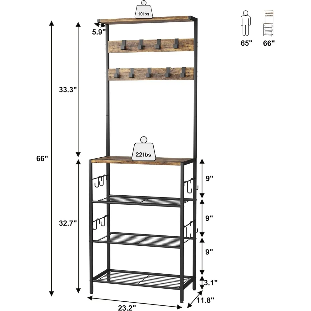 HOMEFORT Coat Rack with Shoe Storage, 5-Tier Shoe and Coat Rack with 9 Clothes Hooks, Freestanding Hall Tree Organizer