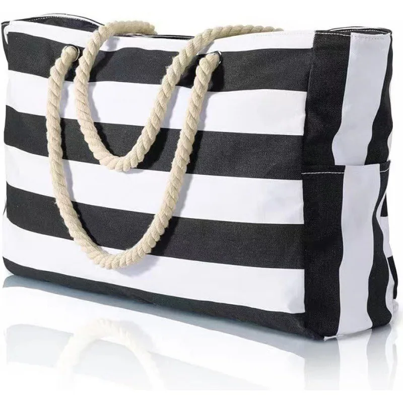 

Summer Striped Beach Bag Large Capacity Canvas Shopping Bag Fashion Tote Bag For Travel,Beach,Camping Swimming Storage Bag