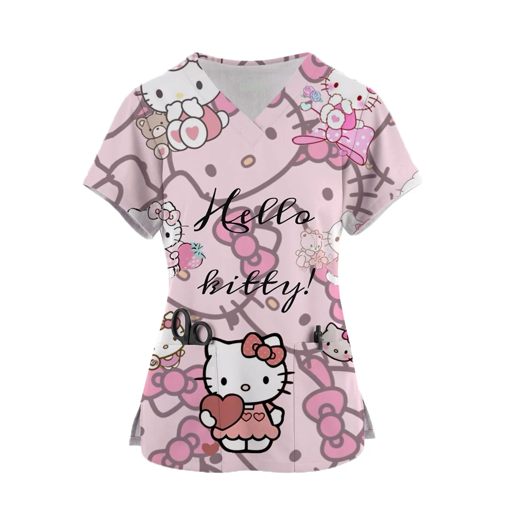 

Милая униформа медсестры, скрабы, топы, Женский мультяшный принт Hello Kitty, комбинезон с коротким рукавом и карманами, Униформа, блузка для медсестры