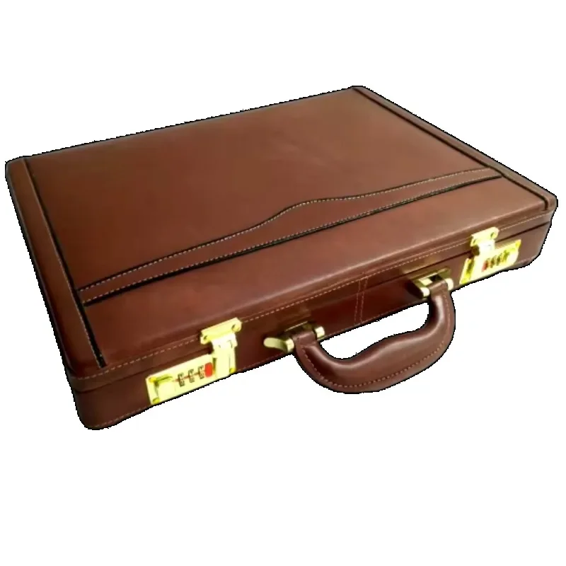 Unisex Fashion Briefcase Leather Brown Goatskin Office Briefcase with Multiple Pockets Zip Seal Laptop