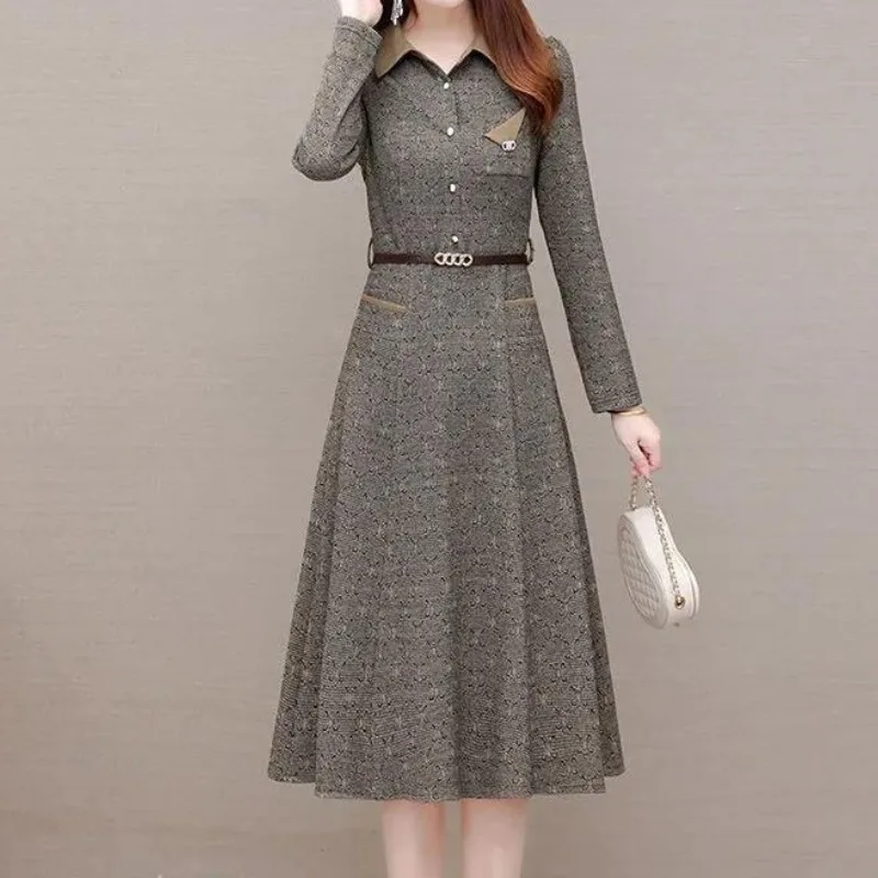 

Women's Spring Autumn Pullover Turn-down Collar Button Sashes Rivet Pocket Contrast Long Sleeved Fashion Casual Elegant Dress