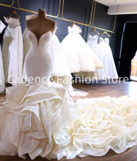 Customized  2025 Elegant Mermaid V Neck Long Hem Chiffon Ruffle Wedding Dress Slipper Bridal Gowns