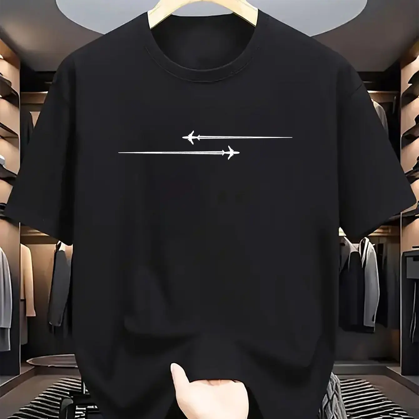 

T-shirt À Col À Manches Courtes Pour Hommes, Imprimé Décontracté À Motif D'avion Ample 100 _ Coton, Été Sportif Confortable