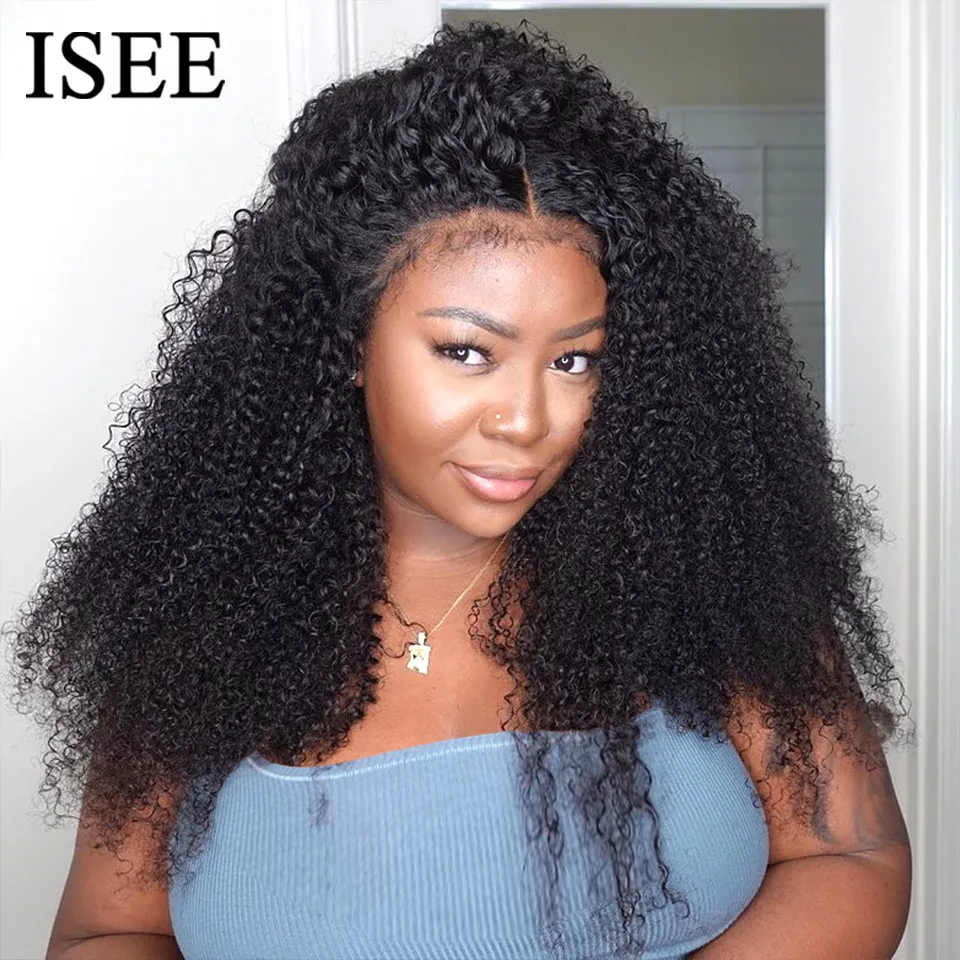 ISEE HAIR Brazilian Hair Wigs Kinky Curly 4C Hairline Edge Wig Type 13x4 Lace Frontal Wig Deep Culry For Women 4x4 Lace Wig