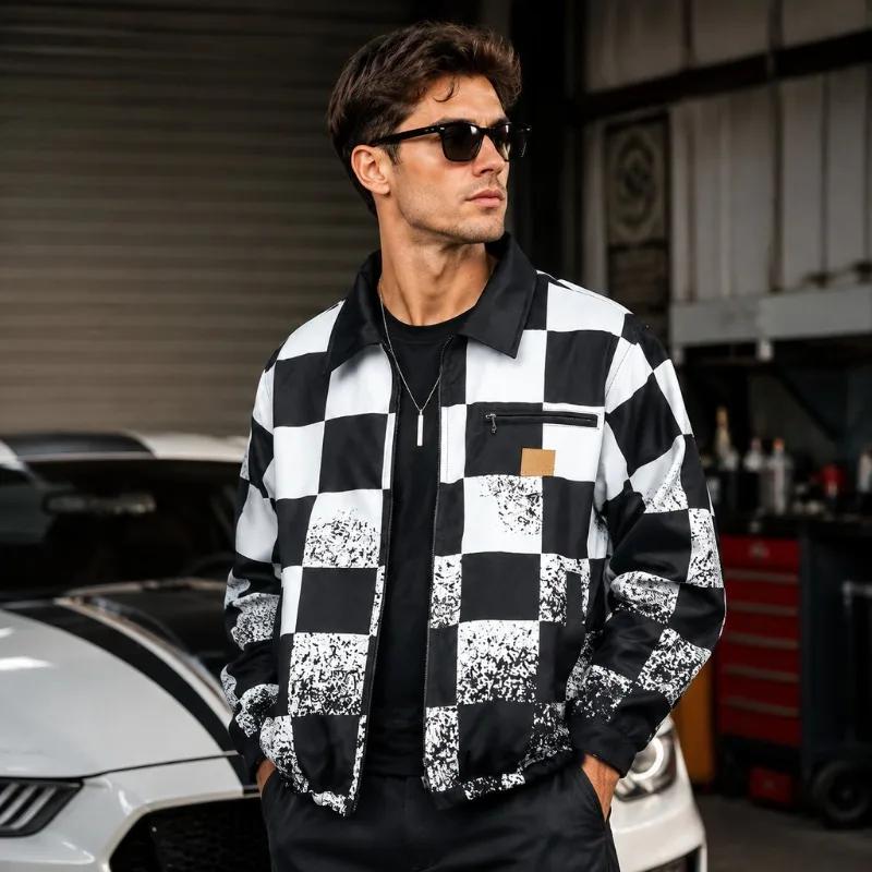 Mens Black White Checkered Turndown Collar Zip Up Jacket Distressed Splatter American Style Spring Summer Casual Outerwear