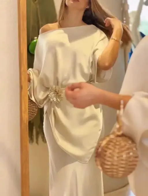 Women's Bat Sleeve Asymmetric Hem Top and High Waist Side Zipper Mermaid Hem Long Dress Set Elegant Satin Evening Dress