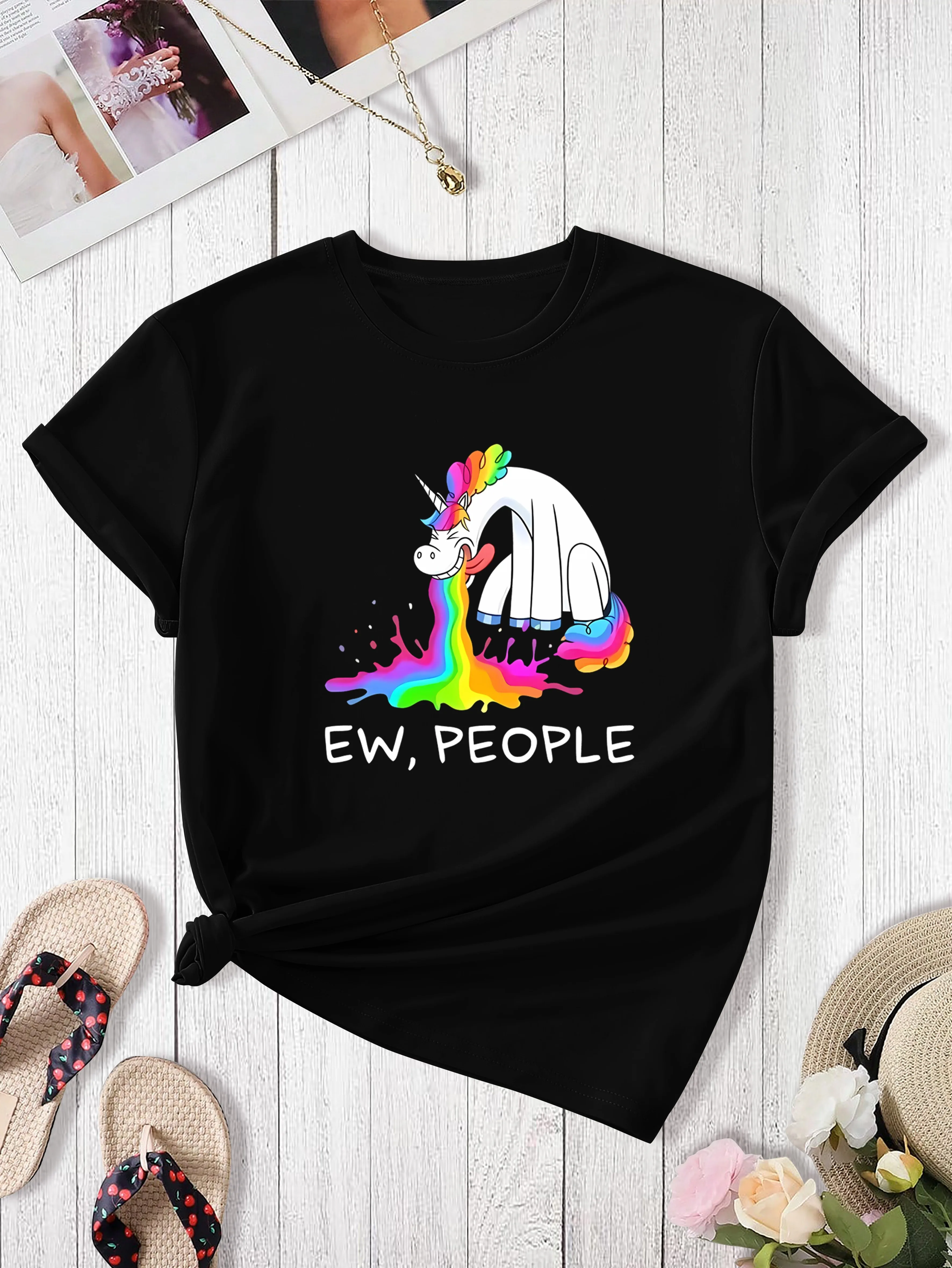 Women's Funny Rainbow Horse Letter Printed Fashion Casual Women's Top Short Sleeve Personalized T-shirt