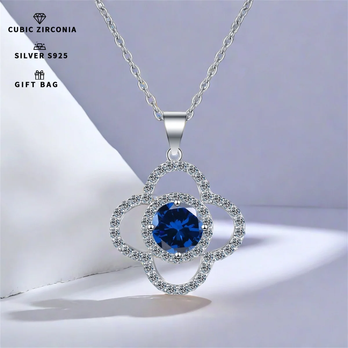 S925 silver Platinum plating inlaid with Tanzanite blue zircon Four-Leaf Clover round pendant,clavicle chain necklace women