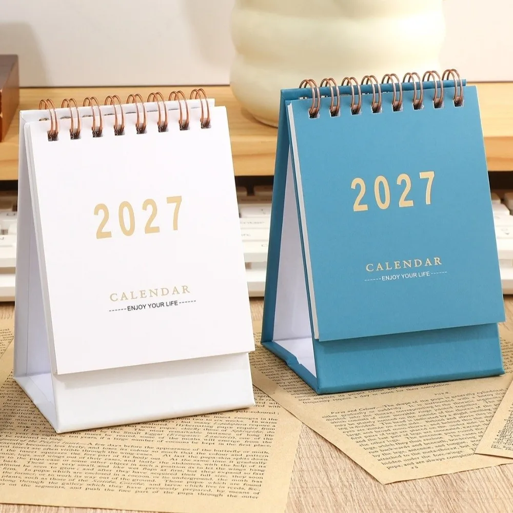Vertical 2027 Mini Calendar Thick Paper English Gold Foil Spiral Calendar Gold-stamped Standing Desk Calendar Desktop Decoration