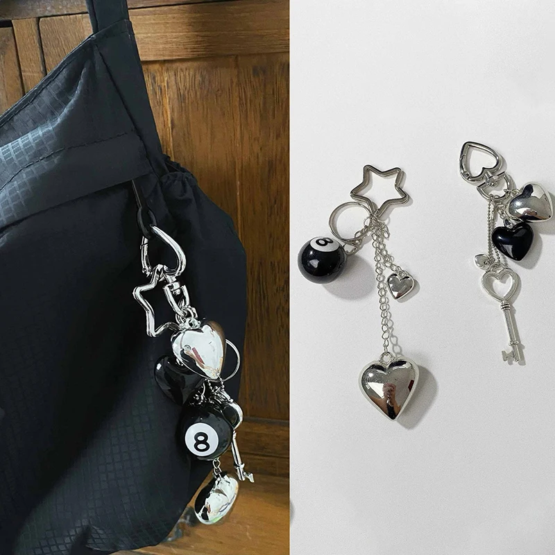 

Trendy Punk Star Billiards Heart Pendant Keychain Novelty Creative Keychain Fashion Backpack Decoration Accessories Gifts