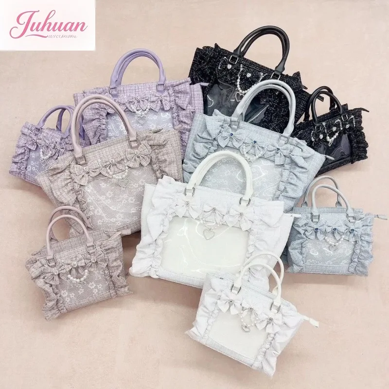 ญี่ปุ่น Lolita หวานกระเป๋าสตรี Mining Tie โปร่งใสปวดกระเป๋า Lotus Leaf Bow Pearl CHAIN แบบพกพาเฉียงกระเป๋าสาว