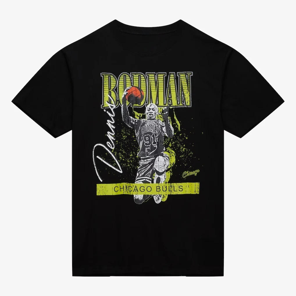 

Dennis Rodman Chicago Bulls Black Neon Pop Player Graphic T-Shirt Basketball 91 Number Signature Print Retro Unisex Casual Top
