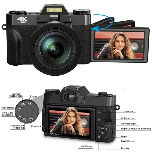 Imagen 2 del producto Cámara digital 4K para fotografía, vídeo, enfoque automático, antivibración, 64MP, YouTube, Vlogging, 180 ° Cámara WiFi con pantalla abatible y flash
