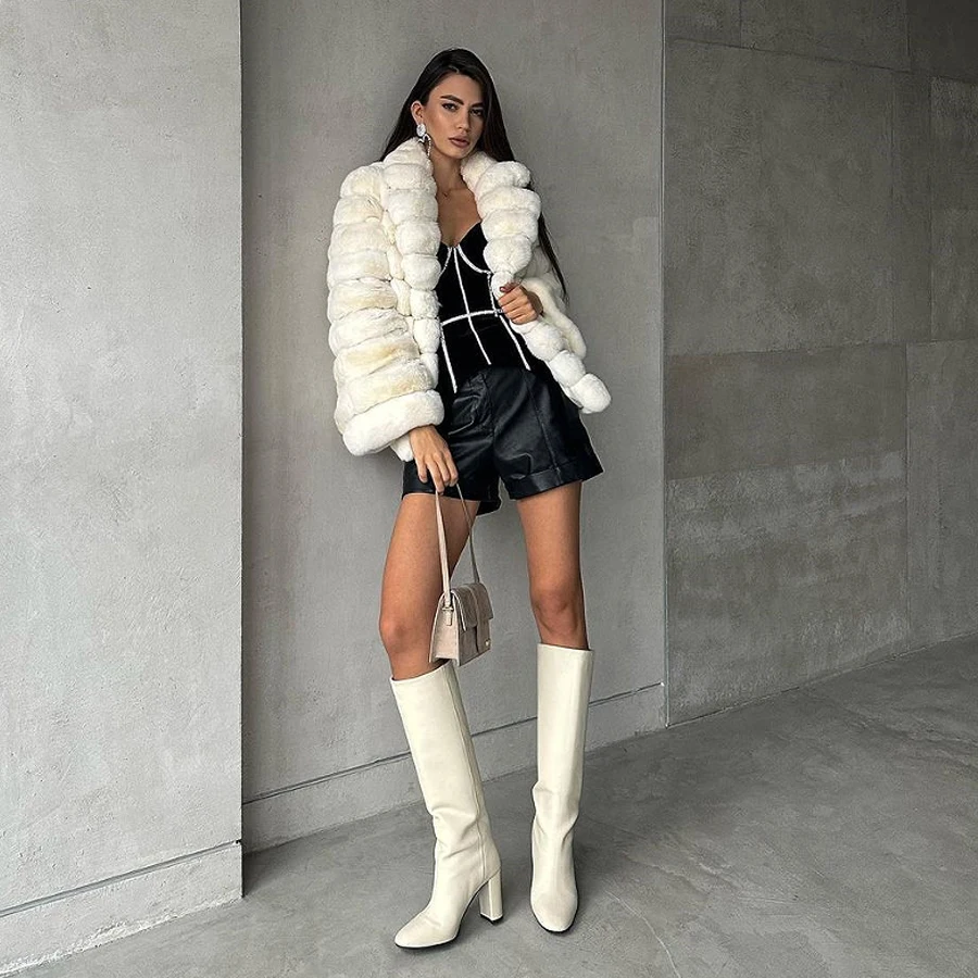 Chinchilla Fur Coats With Lapel Real Rex Rabbit Fur Coat Women Luxury Whiter Female Short Fur Jackets